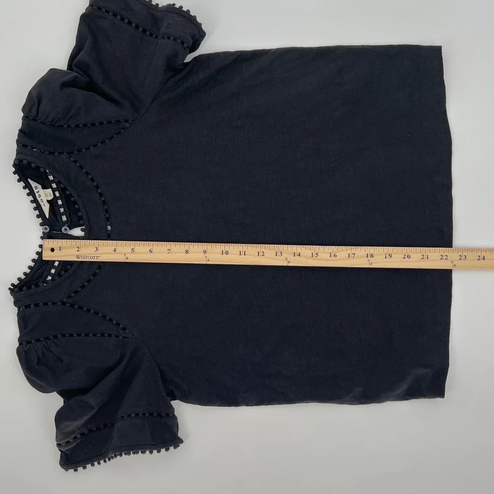 Boden Womens Mila Pom Pom Trim Short Puff Sleeve Top Size 8 Black Cotton Boho